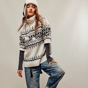 BARBOUR Free People Patrisse Sweater Chunky Turtleneck Boxy Fit Wool Blend